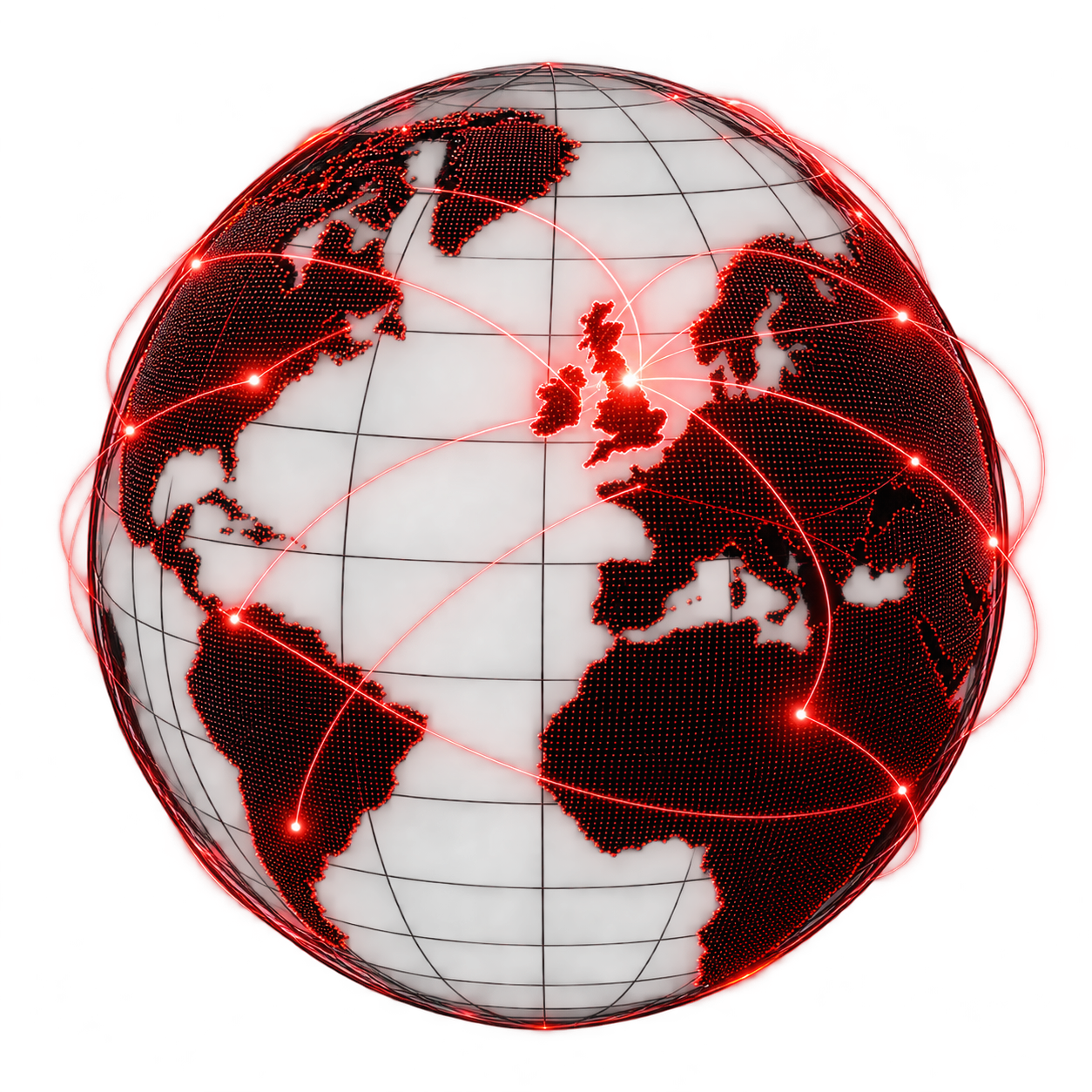 A globe criss-crossed by glowing red lines linking churches across the continents