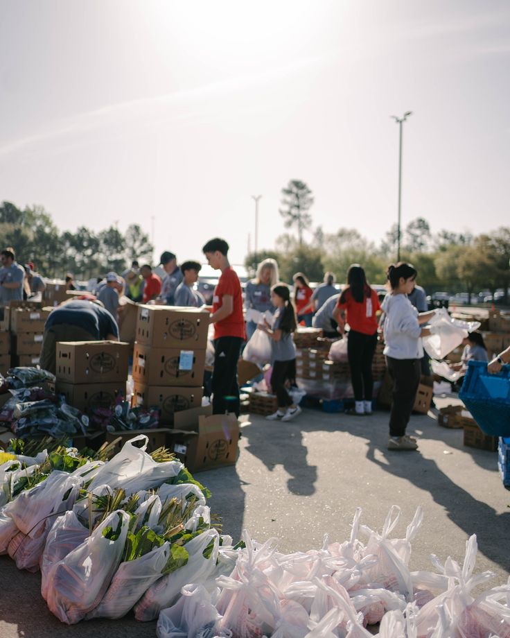 Volunteers and neighbours at an outdoor food distribution